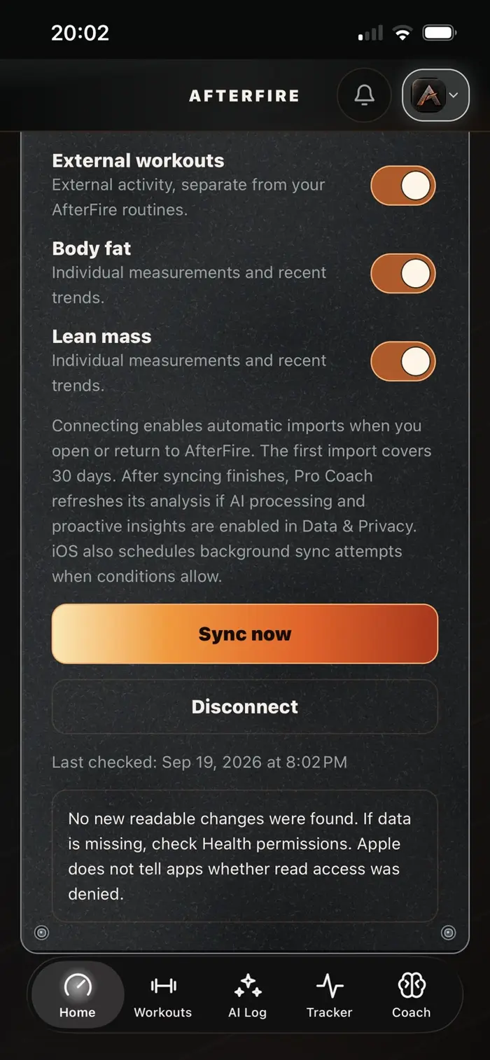 AfterFire Apple Health category controls