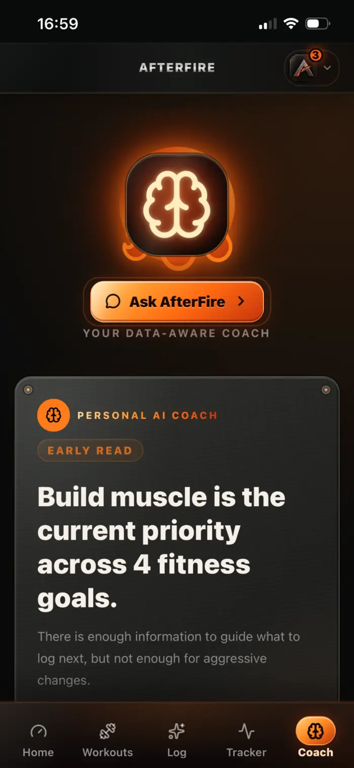 AfterFire Coach landing screen with personalized strength guidance