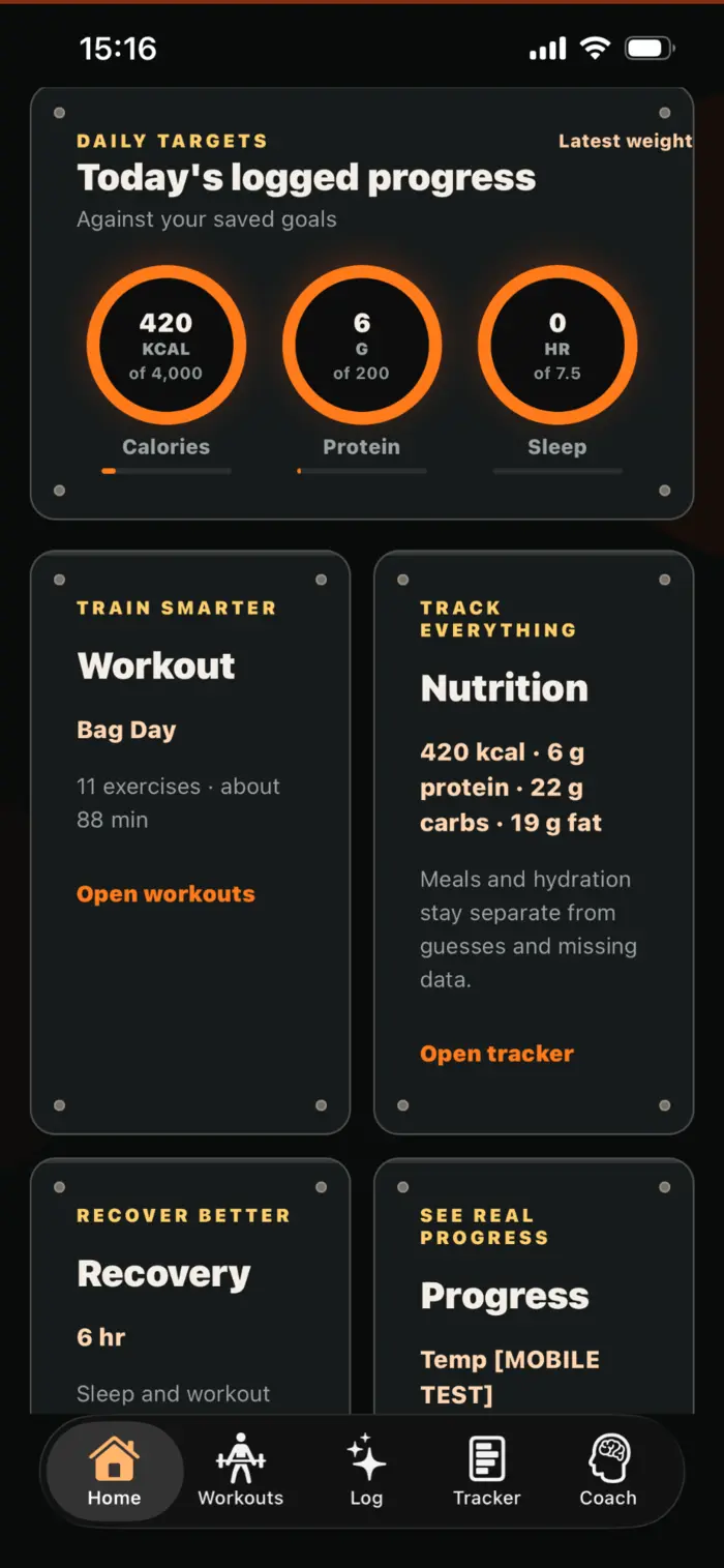 AfterFire home dashboard showing daily targets and connected fitness areas