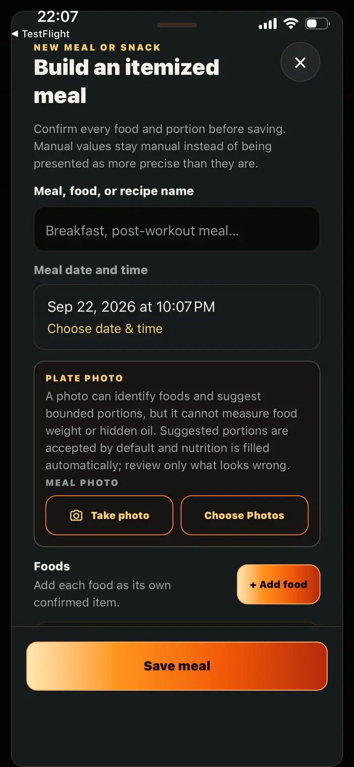 AfterFire itemized meal builder