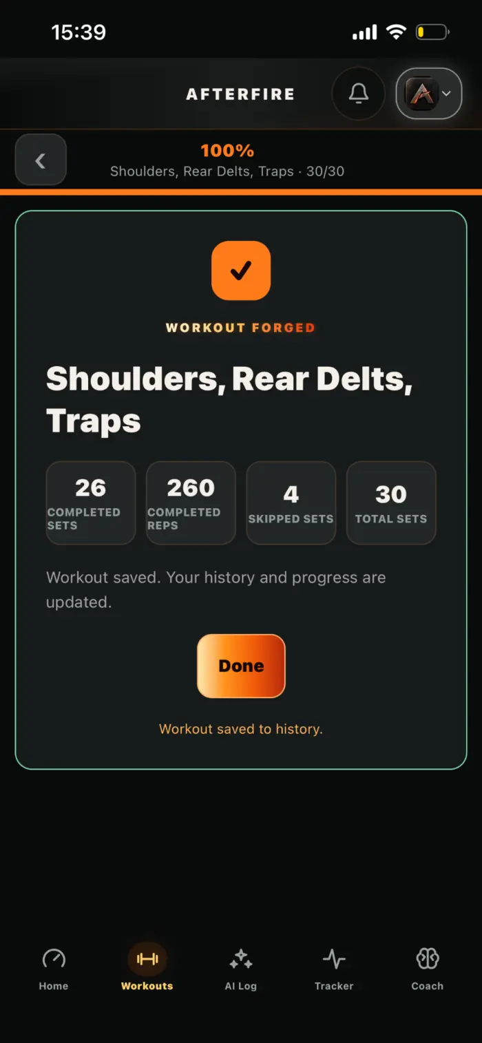 AfterFire workout completion screen summarizing completed work