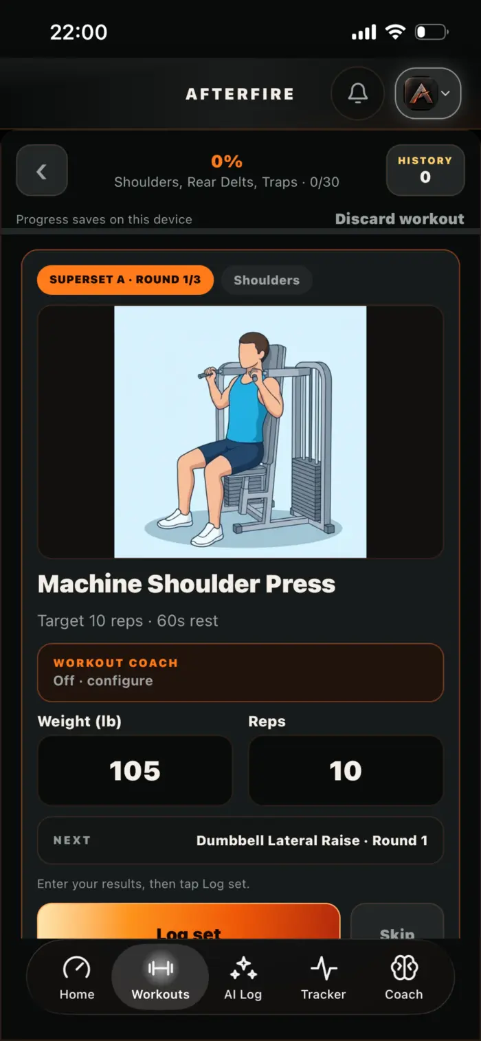 AfterFire workout runner for a machine shoulder press